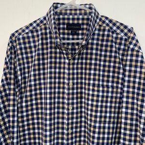 Scott Barber 2XL 100% cotton l/s Button Down Shirt plaid blue, yellow & white